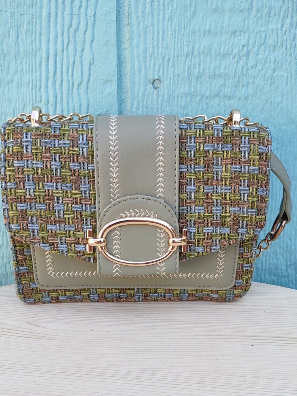 Woven Olive Green Crossbody Bag with Gold Hardware